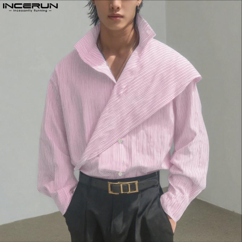 INCERUN Men Long Sleeve Front Cross Irregular Layers Patchwork Striped Casual Cape Shirts