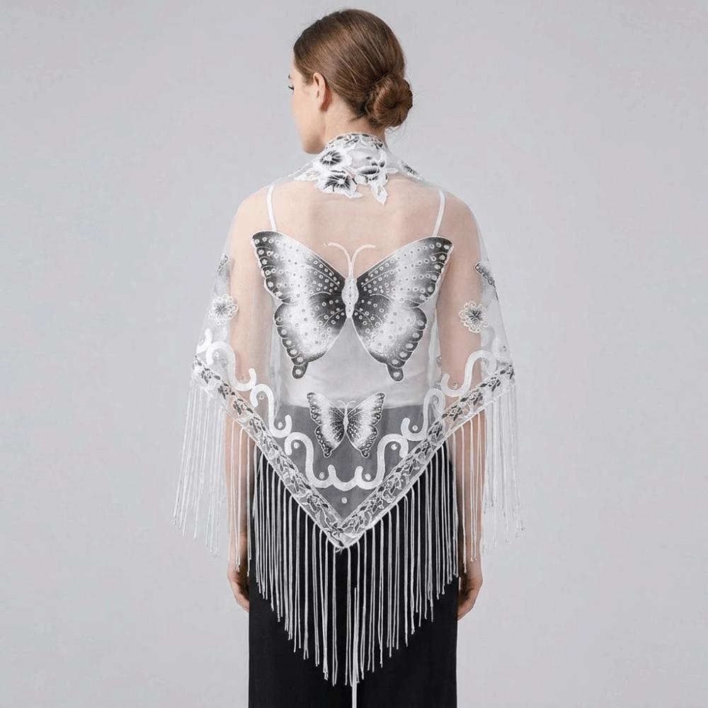 Butterfly Lace Hollow Scarf Polyester Mesh Scarves Elegant Tassel Triangle Shawl Church