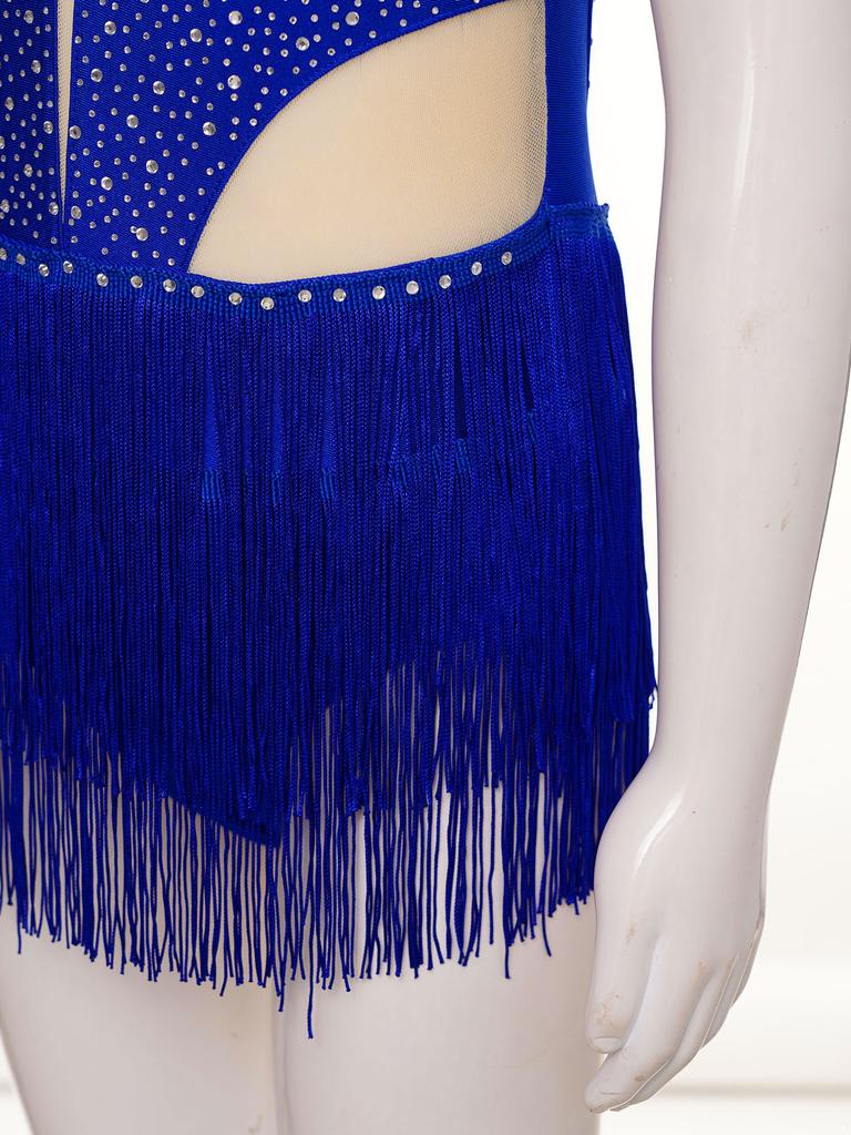 Боди для танцев для девочек со стразами, без рукавов, с открытой спиной и бахромой для выступлений и соревнований по латиноамериканским танцам