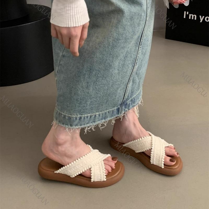 Summers Women Flat Bottom Slipper Open Toe Summer Retro Woven Cross Bohemian Style Slides Sandals Casual Outside Beach Slipper