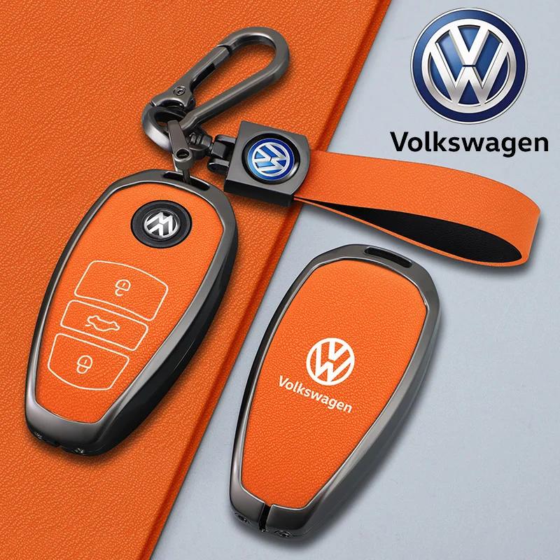 Valve Stems Caps For VOLKSWAGEN VW Zinc Alloy Leather Car Smart Remote Key Case Cover Protector Holder Shell For VW Touareg L20 VG7Y3