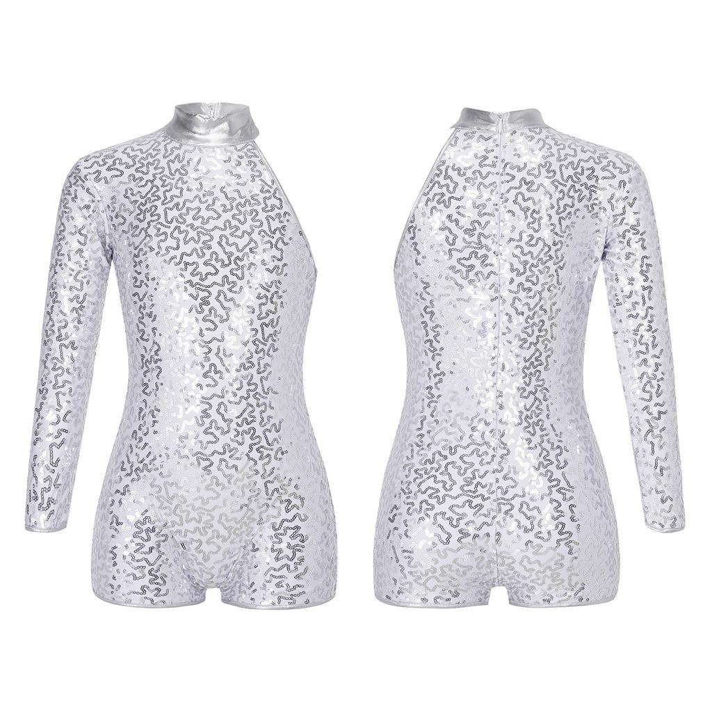 Kids Girls Single Long Sleeve Gymnastics Leotard Sequins Ballet Dance Unitards Short Jumpsuit