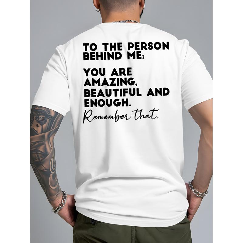 Plus Size Men'S Inspirational Print T-Shirt - The Person Behind Me..., Inspirational Quote, Round Neck Casual Summer Beach Shirt, Comfortable Fitted