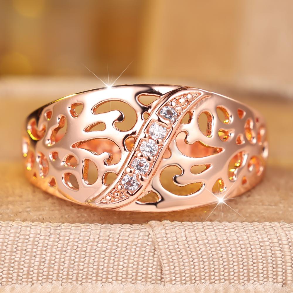 Rose Gold Color Hollow Out Leaf Pattern Zircon Ring for Women Fashion Jewelry Gift Party Wedding