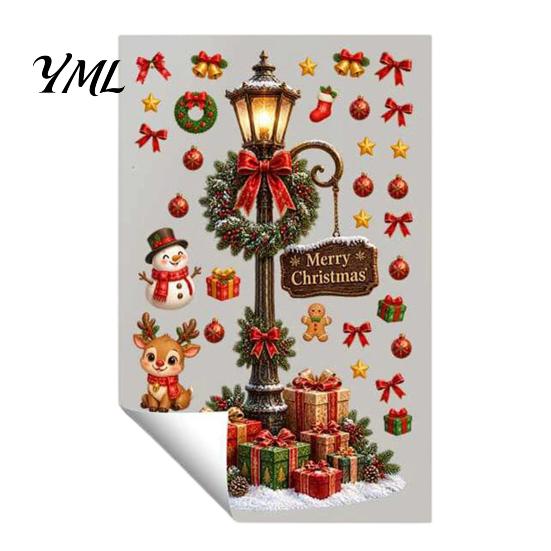 Christmas Atmosphere Wall Decor Retro Street Lamp Decal, Merry Lamppost Sticker, Seasonal Murals for Windows Holiday DIY Mural Art Living Room,