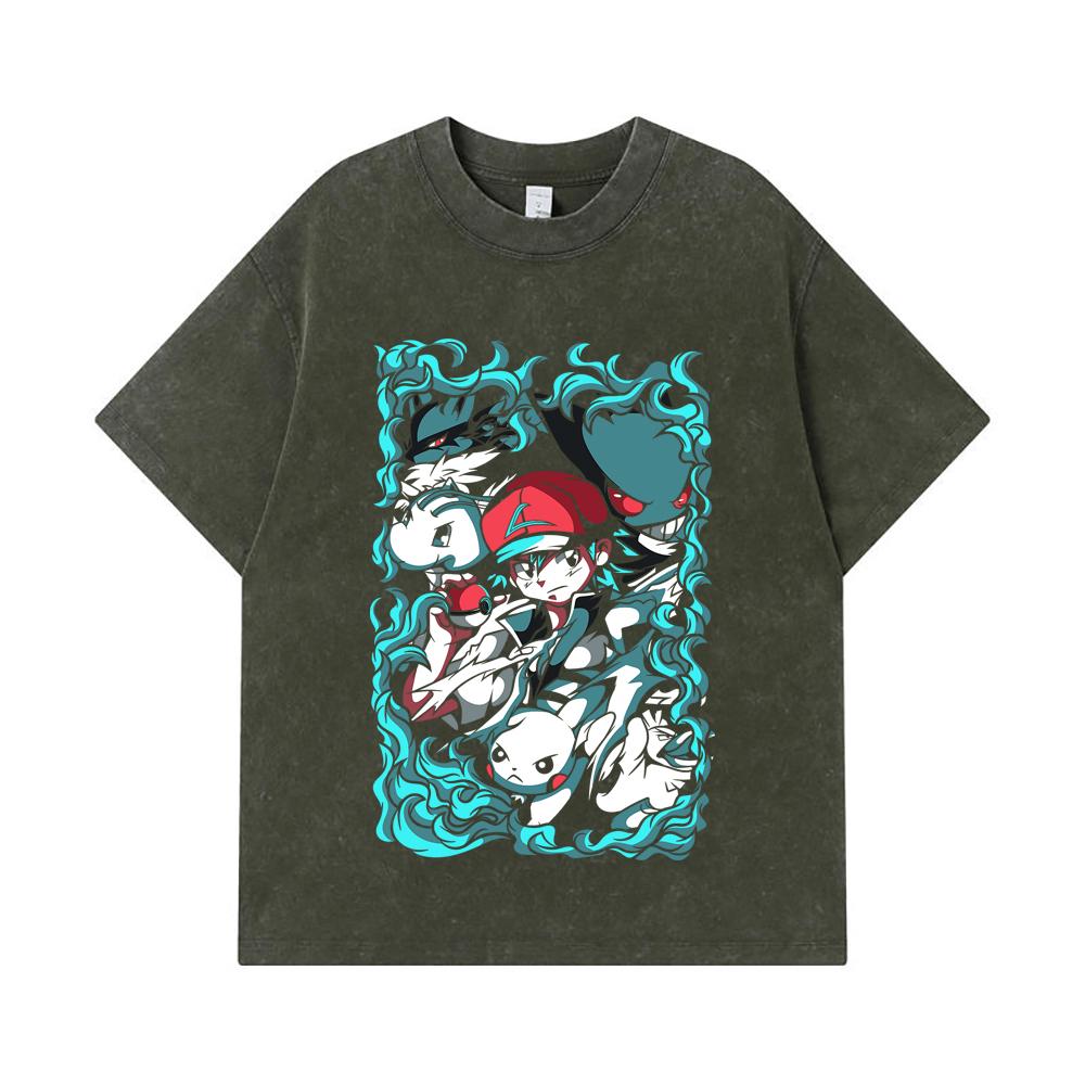 Стиранные футболки 275 г/м² 100% Хлопок Печать Pokemon V26 Унисекс Футболка из плотного хлопка