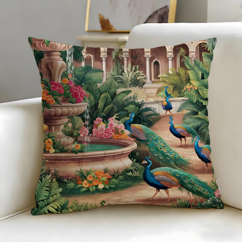 Classic Mughal Garden With Peacock Cushion Cover Soft & Easy-Wash Pillow Case – Versatile For Couch, Bed, Travel And Office