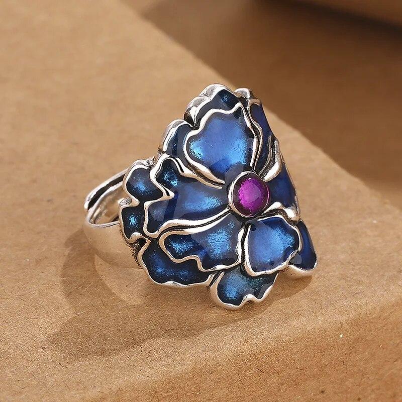 Винтажное эмалированное кольцо в этническом стиле с синим пионом и цветком, регулируемое кольцо для женщин, модное цветочное роскошное ювелирное изделие для вечеринки и отдыха, подарки