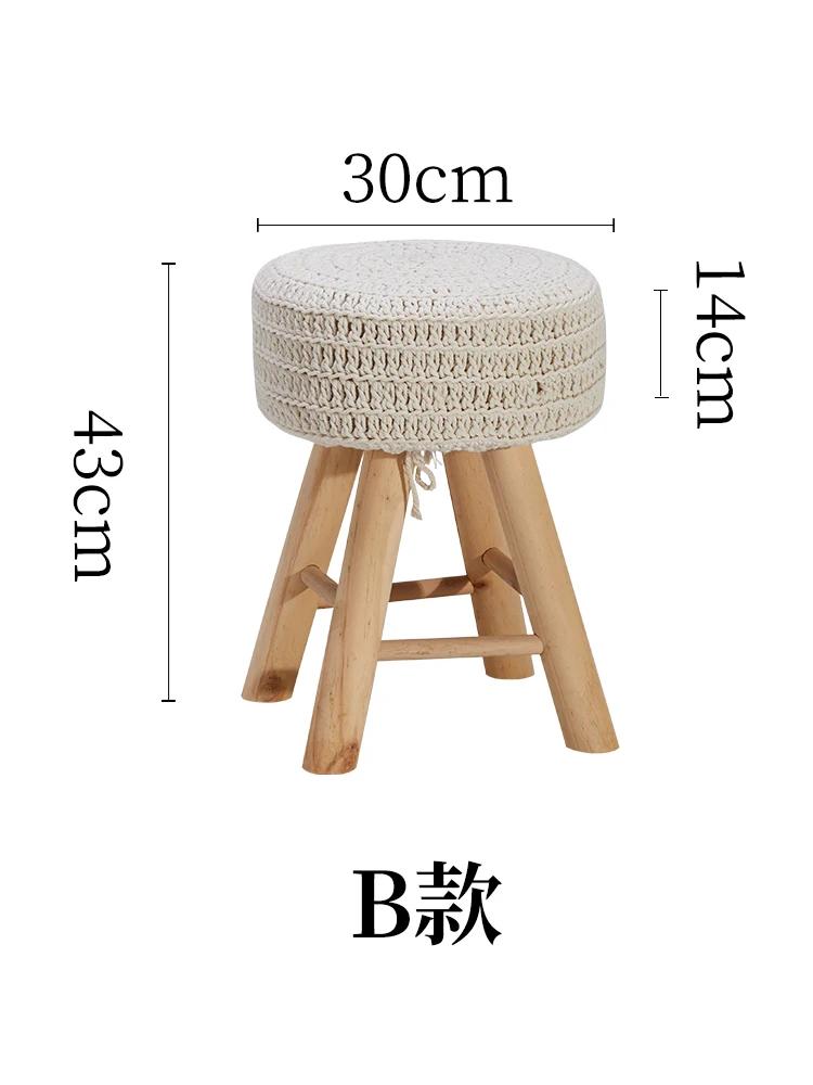 Solid Wood Nordic Makeup Stool Vintage Dressing Stool  Woven Fringe Round Seat  Upholstered Stool for Guesthouses