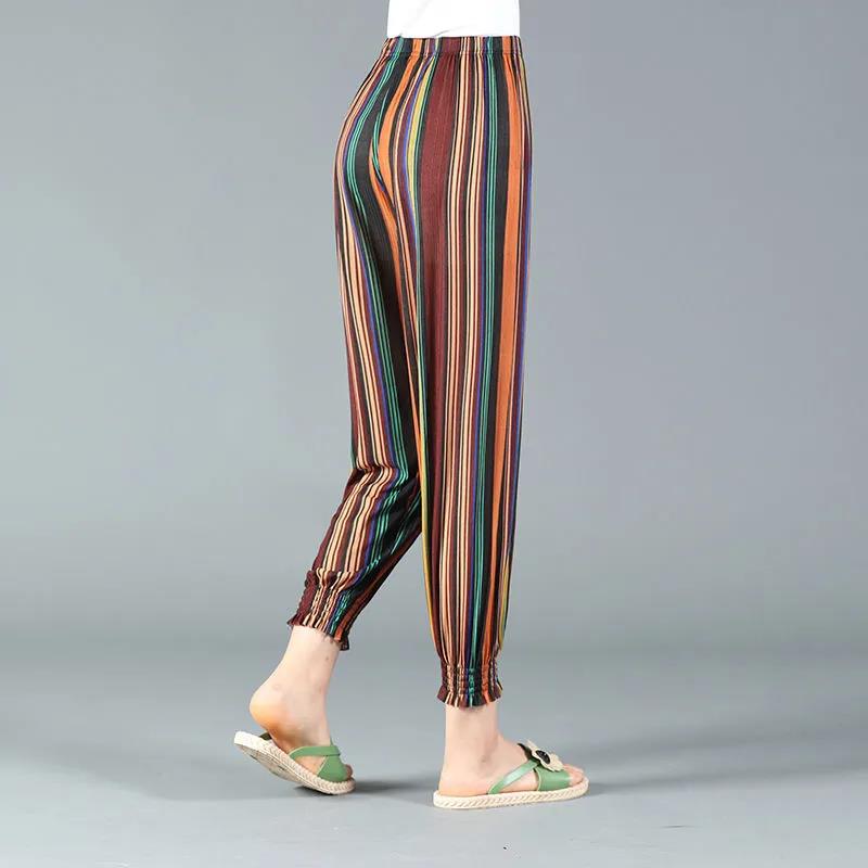 Шаровары, женские летние тонкие брюки с цветочным принтом, свободные женские брюки большого размера, прямые брюки с девятью точками