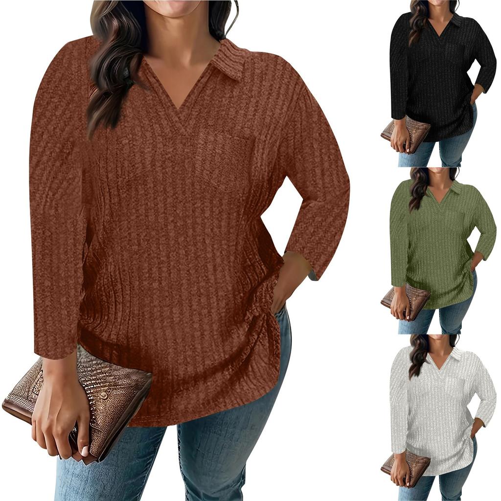 Women's Fashion Casual V-Neck Long Sleeve T-Shirt Solid Color Pullover Top