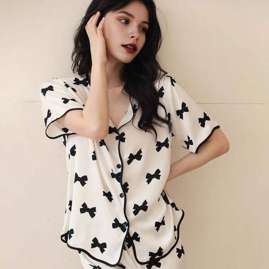 2 шт./компл. Сатиновые пижамы с принтом бантиков, V-образным вырезом на пуговицах, больших размеров, рубашка с длинным рукавом, брюки с эластичной талией и широкими штанинами