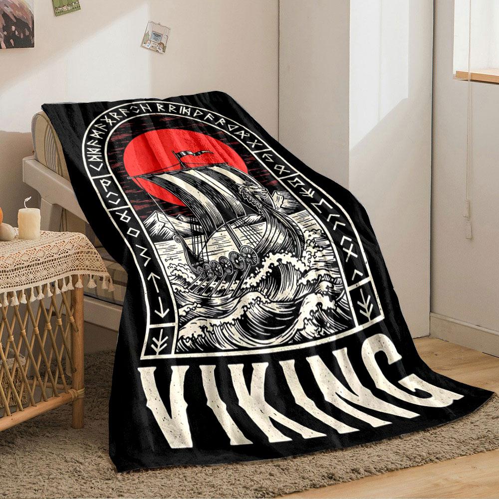 A Viking ship on waves, framed by runes, with a red sun in the background. for all seasons blanket lunch break throw gift