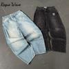 RogueWave Streetwear Jeans Y2K Mens Pants Harajuku Hip Hop Letter Embroidery Vintage Blue Baggy Jeans High Waist Wide Leg Trouser