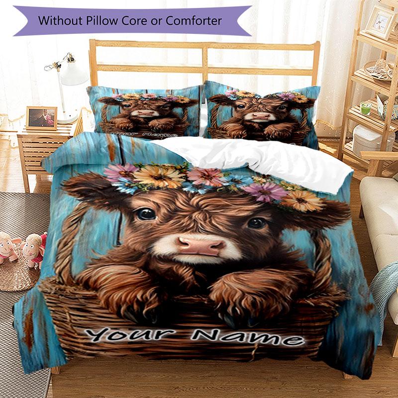 3PC Custom Name Cow Basket Flowers Bedding Set Printed Bedding Set Duvet Cover Closure Includes 1 Duvet Cover & 2 Pillowcases for All Seasons Bedroom