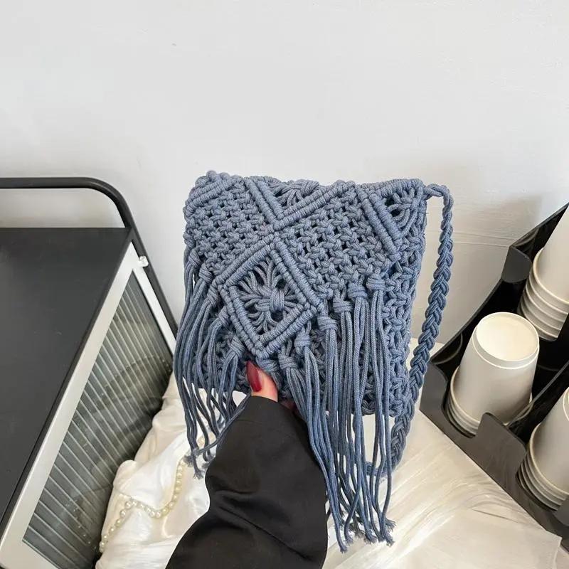 Yogodlns Bohemian Tassel Straw Bag Women Fashion Weave Handmade Crossbod Bag Summer Kintted Beach Handbag Vacation Lady Pouch