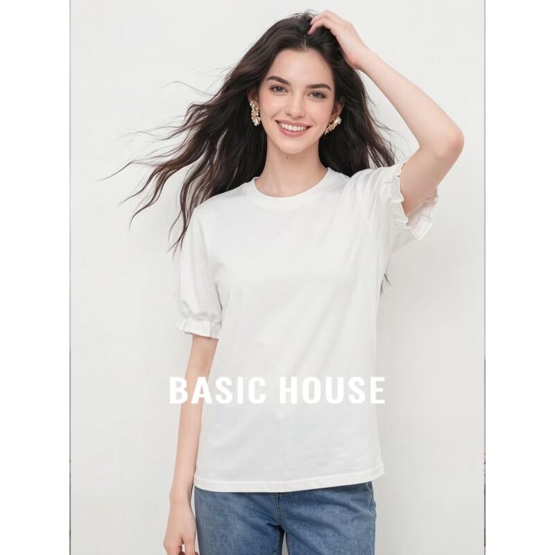 Базовая женская футболка Basic House с цветочным принтом и пышными рукавами