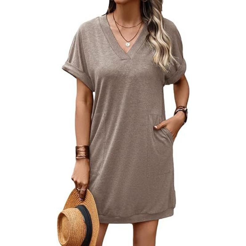 Женские повседневные однотонные платья с V-образным вырезом и карманами с короткими рукавами, модные свободные повседневные платья