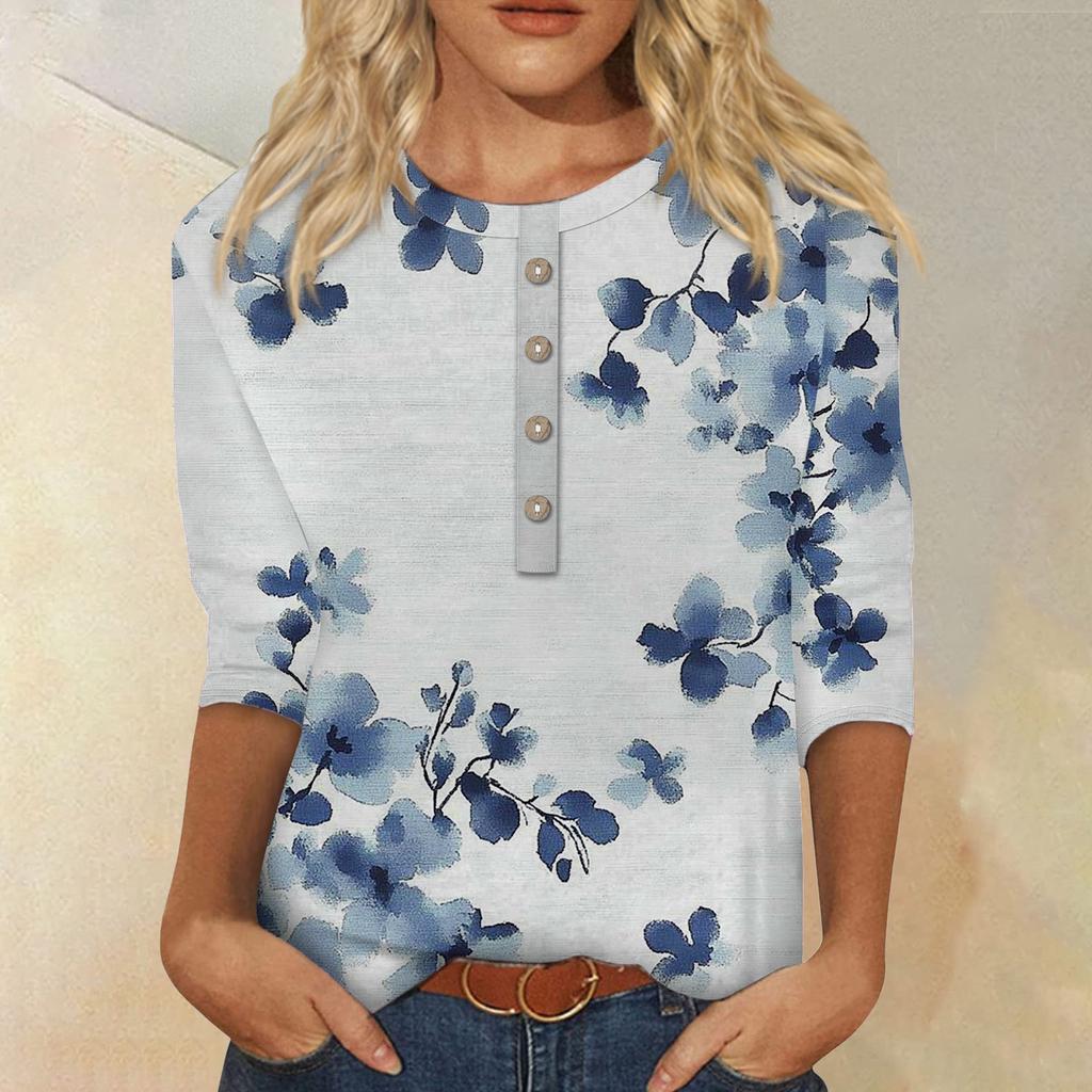 Women's Fashion Casual 3/4 Sleeve Floral Button Printed Round Neck Pullover Top Casual Clothing