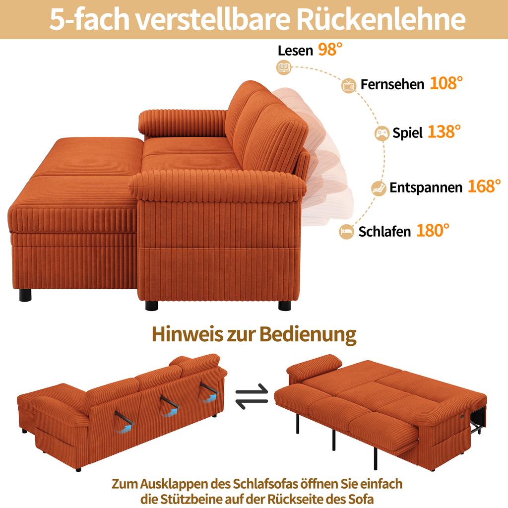 L-Shaped Corner Sofa with Pull-Out Sleep Function; Ottoman with Storage, Left/Right Reversible; Adjustable Backrest; Corduroy Fabric, Orange