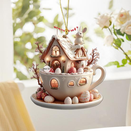 1Pc/5Pcs Easter Coffee Cup House Ornaments Chocolate Mug Bunny House Pendant 2D Acrylic Hot Cocoa Mug Spring Ornament for Holiday Home Decor