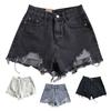 Summer Women Denim Shorts High Waist A-line Solid Color Ripped Button Zipper Closure Retro Pockets Slim