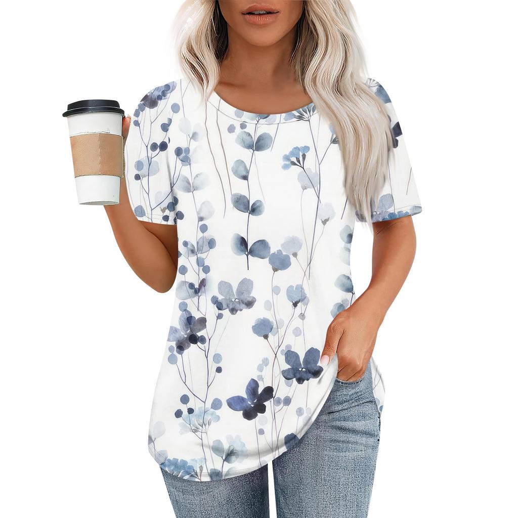 T Shirts For Women Pleated Round Neck Dressy Casual Blouses Printing Short Sleeve Summer Tops Loose Fit