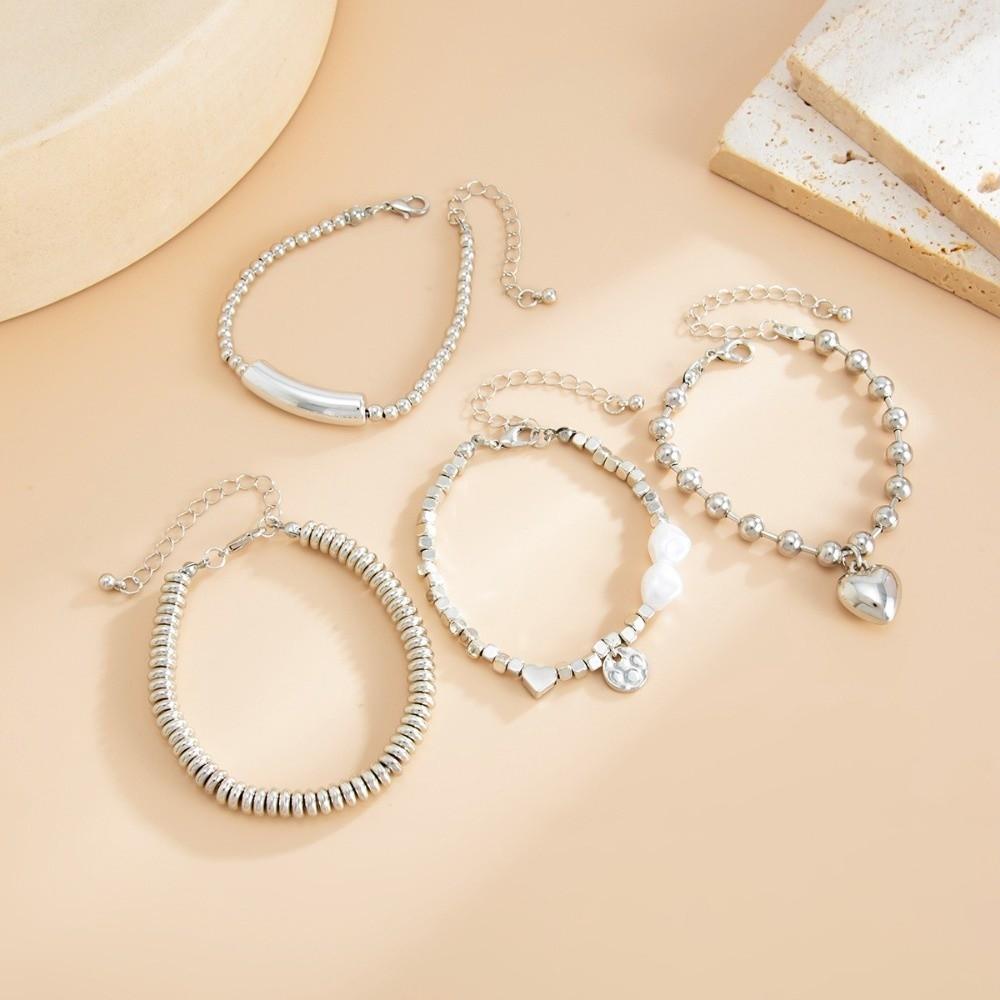 Silver Heart Pendant Bracelets Beaded Metal Hand Chain Vintage Imitation Pearl Bracelets  Gifts