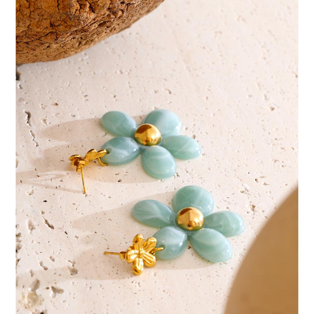 Yhpup Resin Flower Drop Dangle Earrings for Women Stainless Steel Fashion Jewelry Amber White Cyan Color