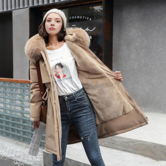 Women's Fleece Lined Parka Thicken Fuzzy Faux Fur Hooded Down Jacket with Pockets Winter Warm Drawstring Sherpa Coat