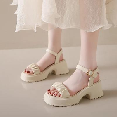 2025 Женские Летние Новые Однотонные Босоножки на Толстой Подошве в Сказочном Стиле с Одной Пряжкой, Сетчатые, Инфракрасные, На Высоком Каблуке, Женские