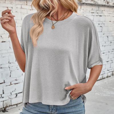 Женская летняя футболка с круглым вырезом, рукавом «летучая мышь» до локтя, свободного кроя, однотонная