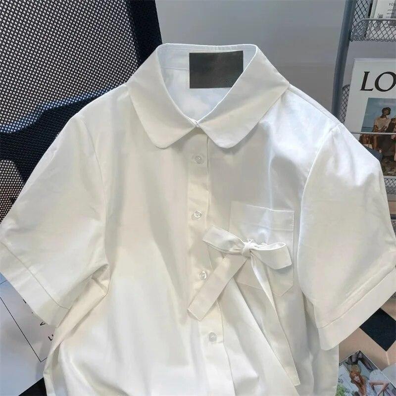 Японская винтажная белая рубашка с бантом, новая летняя женская блузка с короткими рукавами, свободный топ во французском стиле преппи