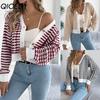 Autumn and Winter Color-blocking Striped Lantern Long-sleeved Cardigan Sweater Short Coat Women's Wear