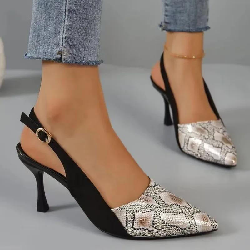 Летние босоножки на высоком каблуке для женщин, сексуальные туфли с острым носком и принтом, модные дизайнерские туфли с пряжкой на каблуке Zapatillas Mujer