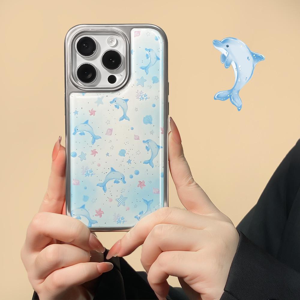 Применимо к чехлу для мобильного телефона iPhone16promax, стиль ins, дельфин, гальваническое покрытие, конденсация воды, защитный чехол для Apple 14/15pro