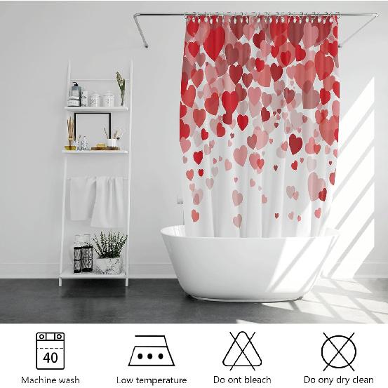 Valentines Day Shower Curtain for Bathroom, Red Hearts Romantic Pink and Red Hearts Bathroom Decor Shower Curtain Sets, Polyester Fabric Shower