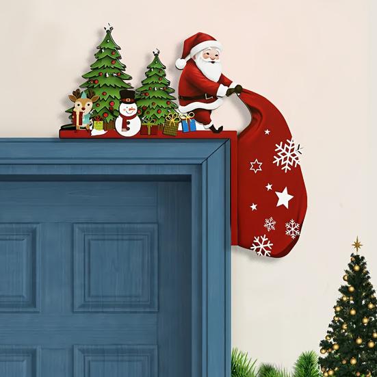 Wooden Christmas Door Topper Cute Santa Claus Door Corner Frame Sign for Holiday Home Wall Cabinet Shelf Decor
