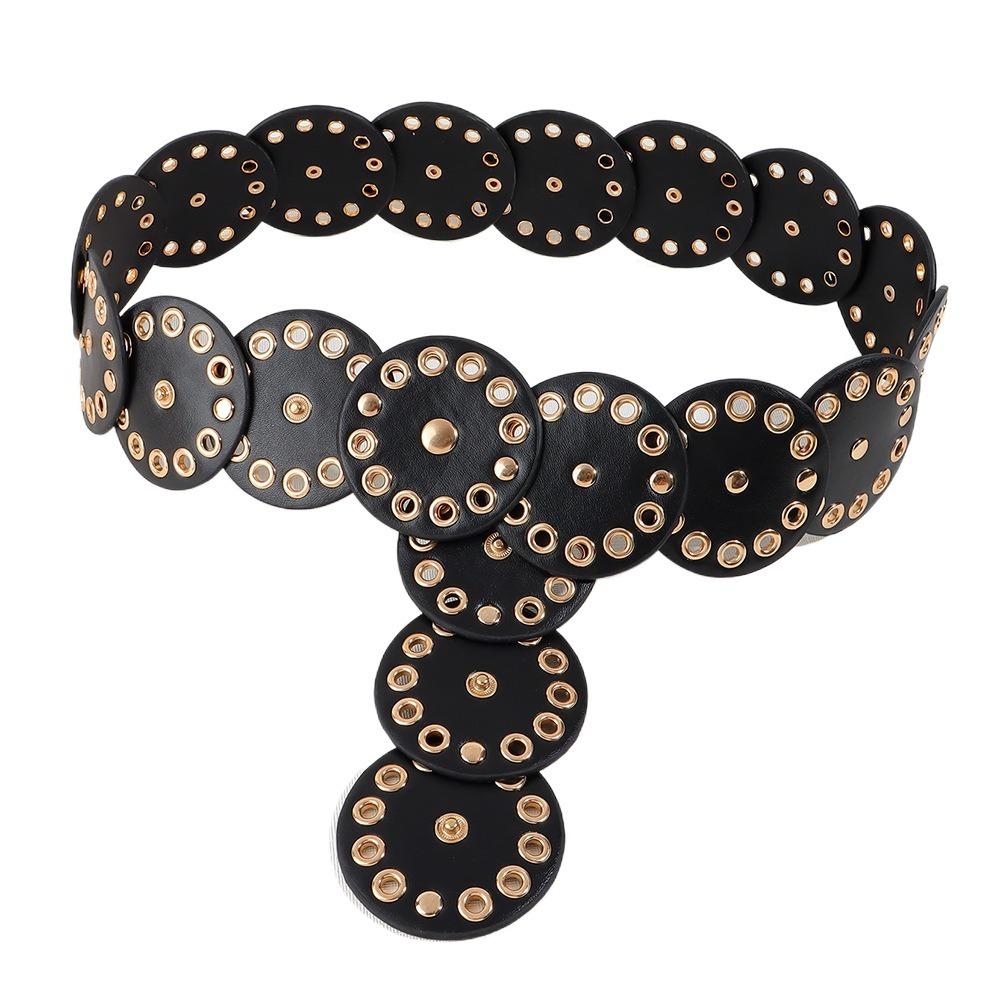 Retro Rivet Wide Belt Y2k Concho Waistband Fashion Disc PU Hollow Belt Girls