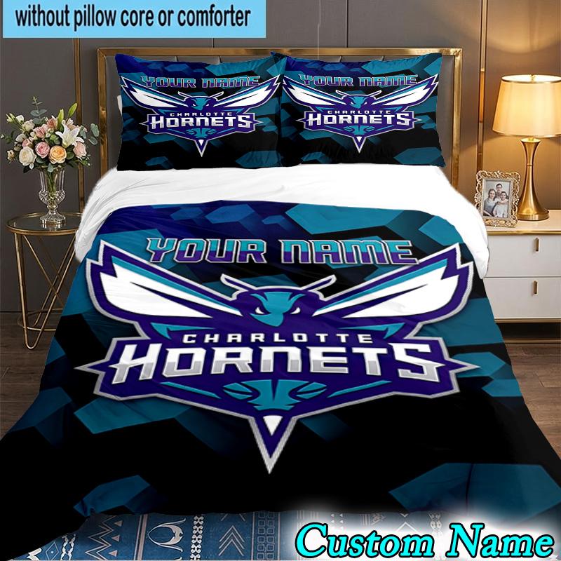 Custom Name 3PCS Charlotte-Hornets Logo Bedding Set,Including Duvet Cover And 2pcs Pillowcases Perfect for Bedroom,Dormitory,Fan Christmas gift
