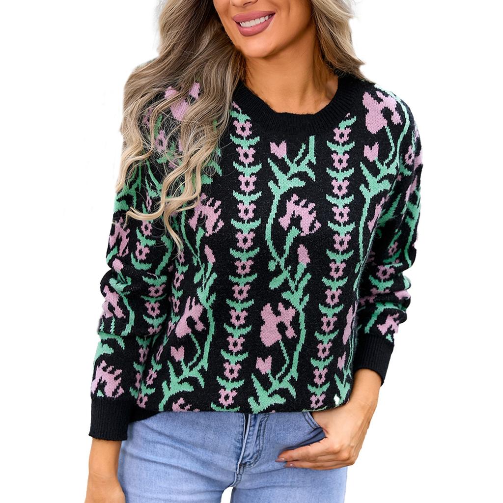 Women's Casual Fashion Comfortable Round Neck Pullover Contrast Color Flower Long Sleeve Street Trend Knitted Sweater