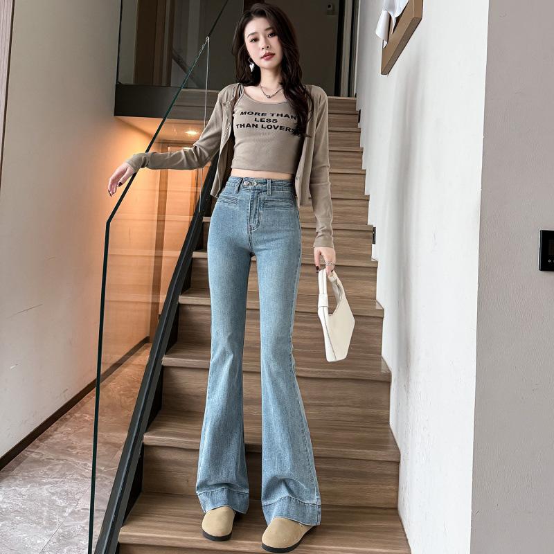 Real shot autumn and winter versatile high-elastic denim micro-flared pants women 111CM delicate small man