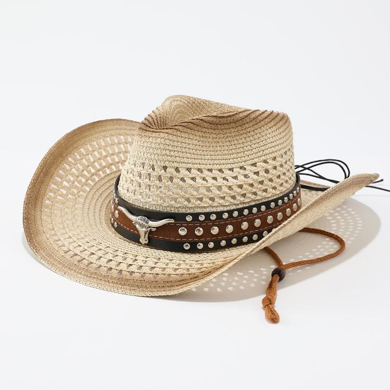 European and American new western denim straw hat retro ethnic style jazz hat men's and women's versatile sunshade sunscreen hat