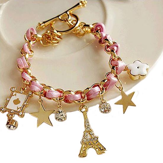 Women Fashion Eiffel Tower Stars Flower Poker Pendants Faux Leather Bracelet Jewelry