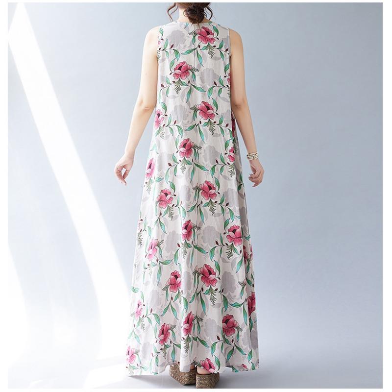 Летнее свободное платье без рукавов с круглым вырезом и принтом средней длины для женщин, повседневные платья