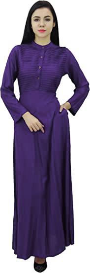 Bimba Women's Long Sleeve Maxi Mandarin Collar Plain Jilbab Dress With