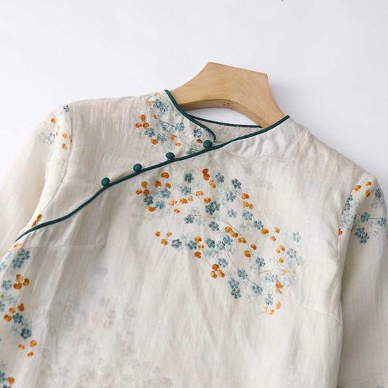 Vintage Floral Print Midi Cheongsam Qipao Dress for Women Loose Short Sleeve Chinese Style Dress with Pockets for Wedding