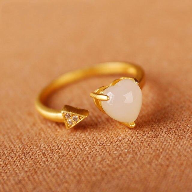 New Silver Inlaid Natural Hotan White Jade Arrow Heart Shaped Diamond Fresh Romantic Lovely Women Opening Adjustable Ring