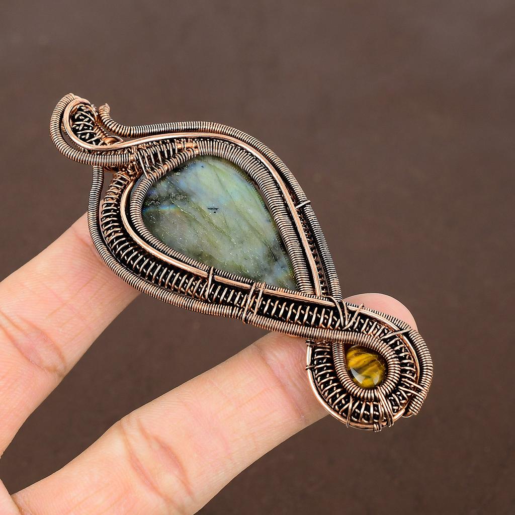 Natural Labradorite, Tiger Eye Handmade Copper Wire Wrap Pendant 3.74" S8m06
