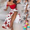 Summer Women Fashion Elegant Two Pieces Sets Off Shoulder Cropped Top & Split Mini Skirt Suit Two Piece Set Outfit Plus Size